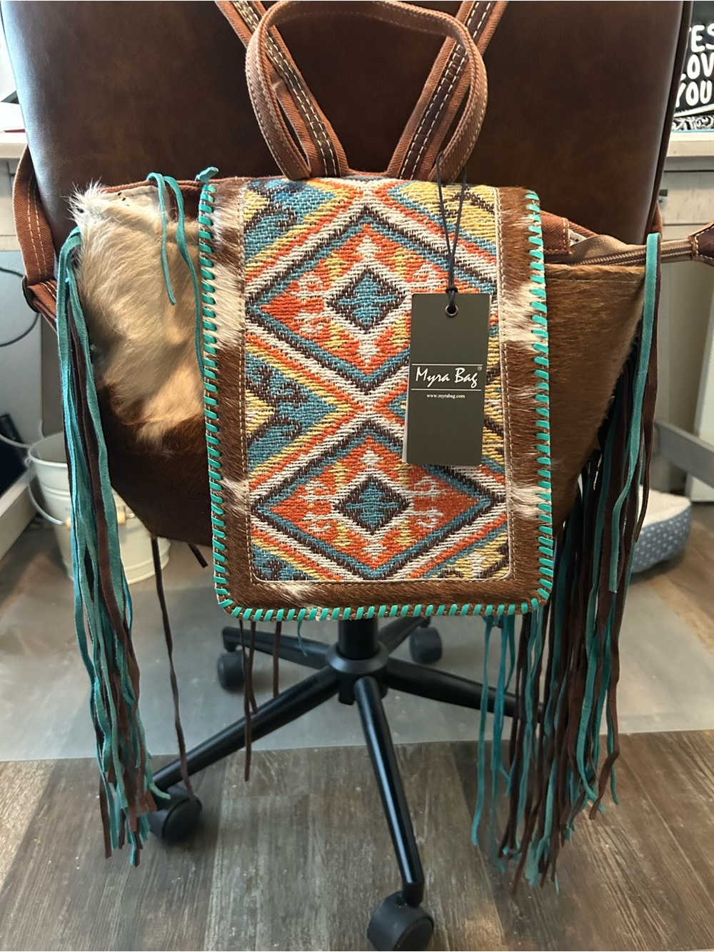 Myra bag Hair on Hide & Fringe Turquoise & Brown Southwestern backpack NEW - Picture 2 of 7